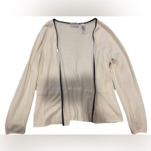 Villager Liz Claiborne Ivory Cardigan Navy Trim Zip Front Knit Sweater Women's M